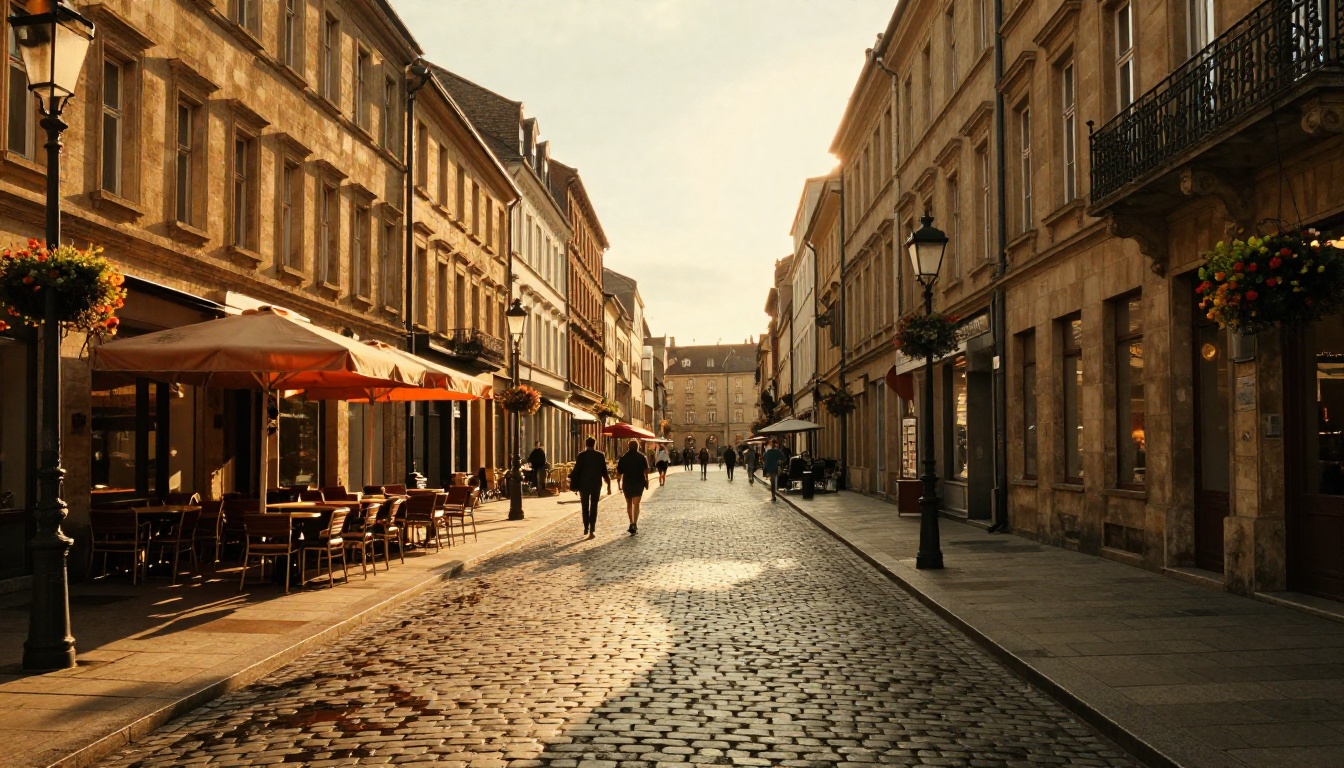 European cobblestone boulevard at golden hour showing natural light direction and long shadows European cobblestone boulevard at golden hour showing natural light direction and long shadows