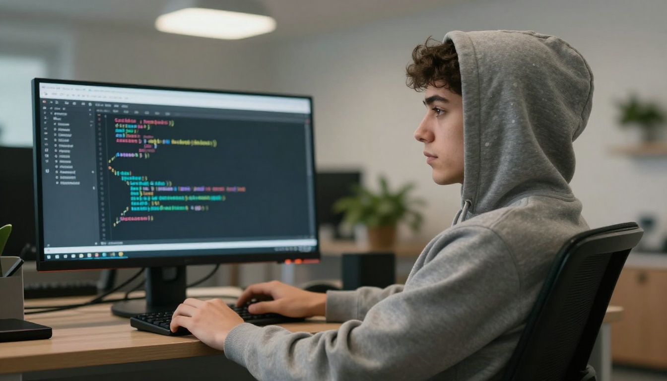 Software engineer reviewing Python code on a widescreen monitor Software engineer reviewing Python code on a widescreen monitor