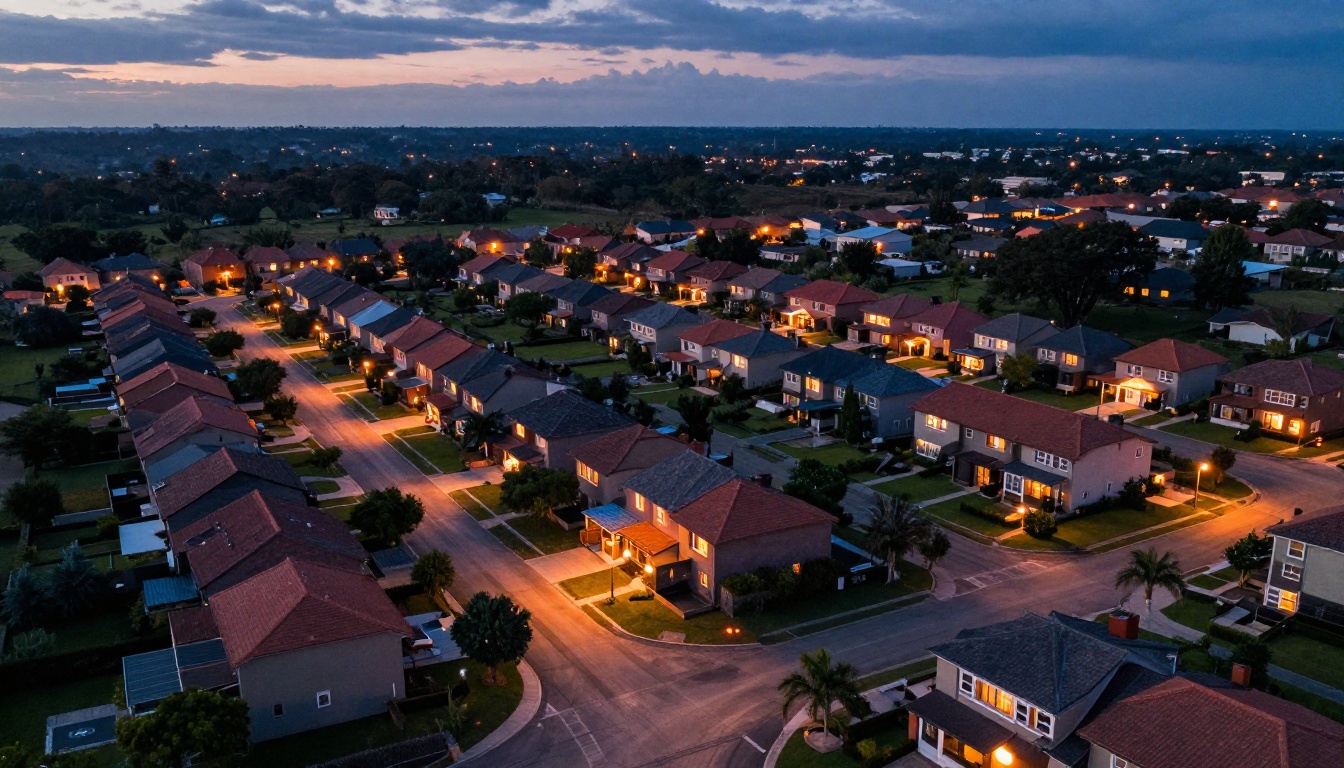 Aerial view of suburban neighborhood at dusk with warm house lights and deep blue twilight sky Aerial view of suburban neighborhood at dusk with warm house lights and deep blue twilight sky