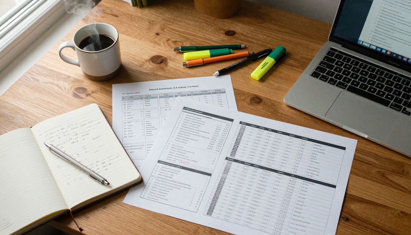 Overhead flat-lay of researcher's desk with printed AI benchmark charts and notebook Overhead flat-lay of researcher's desk with printed AI benchmark charts and notebook
