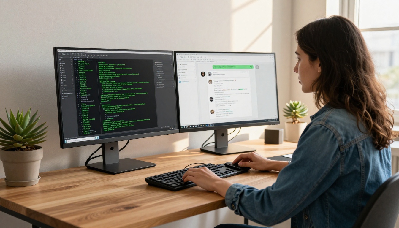 Female developer at a standing desk with terminal and AI chat open Female developer at a standing desk with terminal and AI chat open