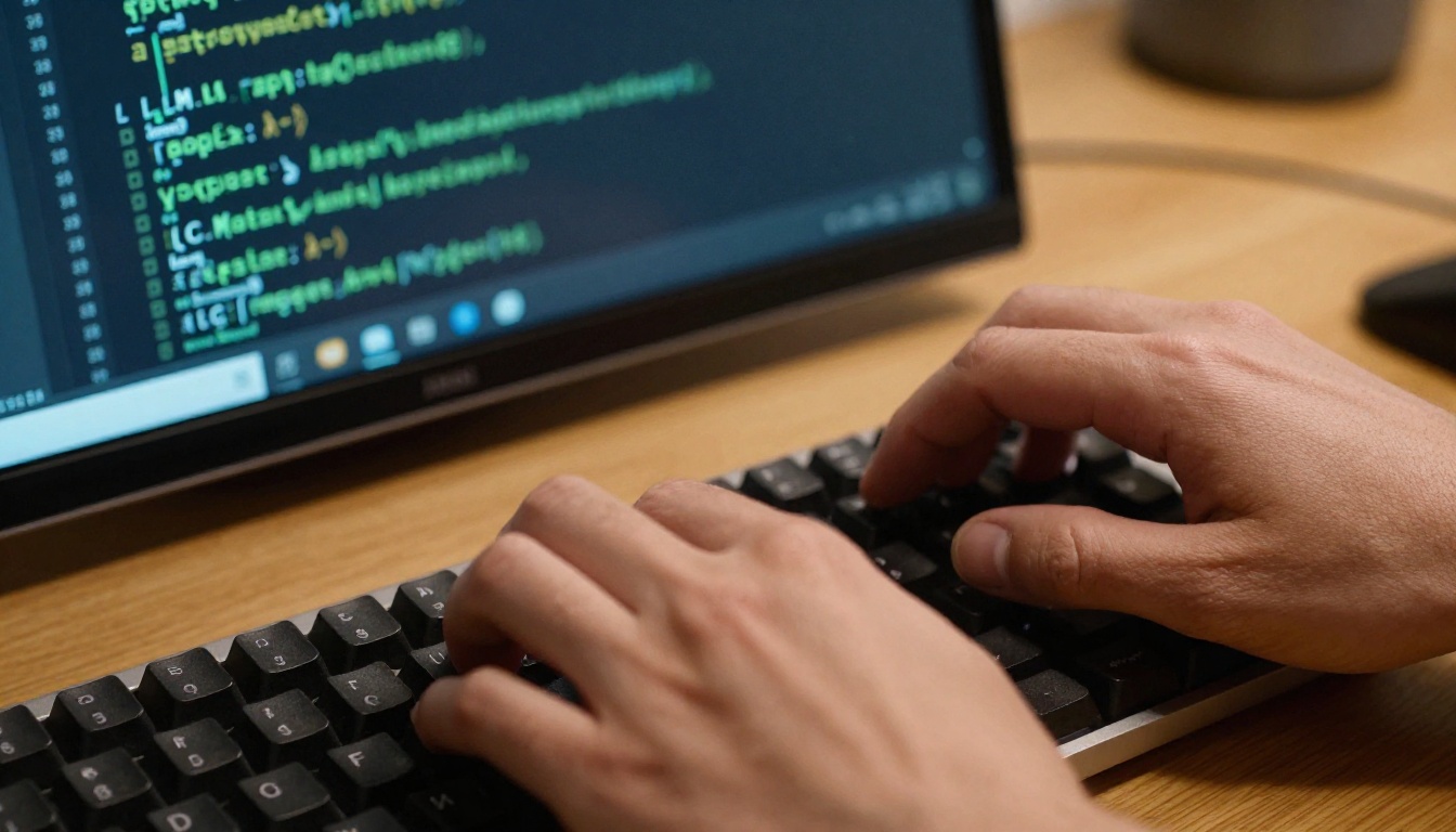 Developer hands typing on mechanical keyboard with LLM code on screen