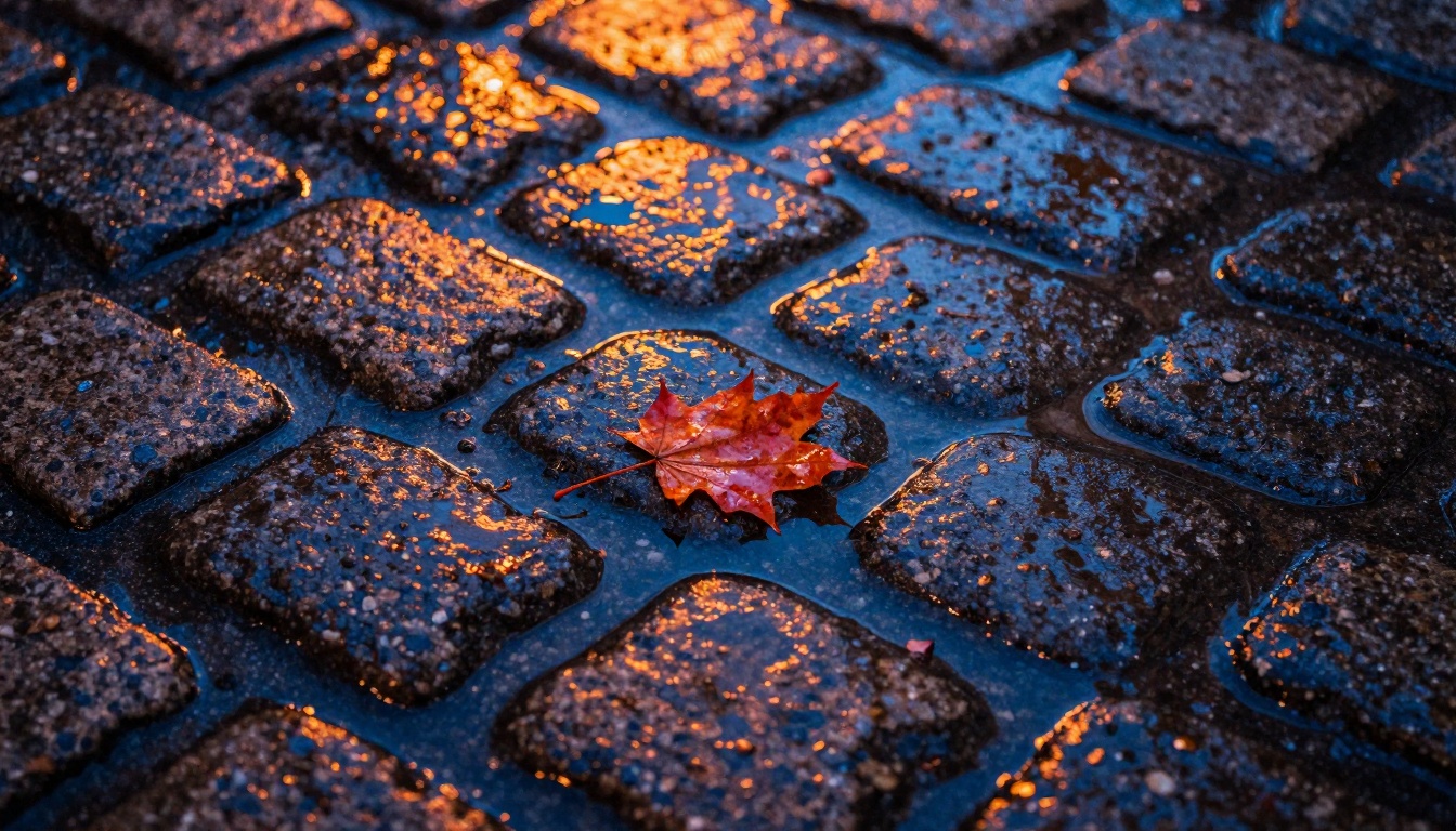 Macro close-up of wet cobblestones at blue hour reflecting warm orange and cool blue light sources Macro close-up of wet cobblestones at blue hour reflecting warm orange and cool blue light sources