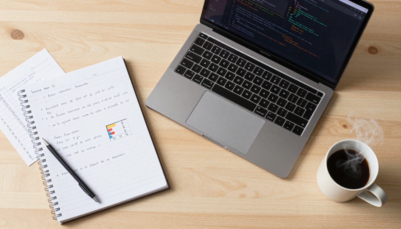 Overhead flat-lay of a developer workspace with notes and a code benchmark chart Overhead flat-lay of a developer workspace with notes and a code benchmark chart