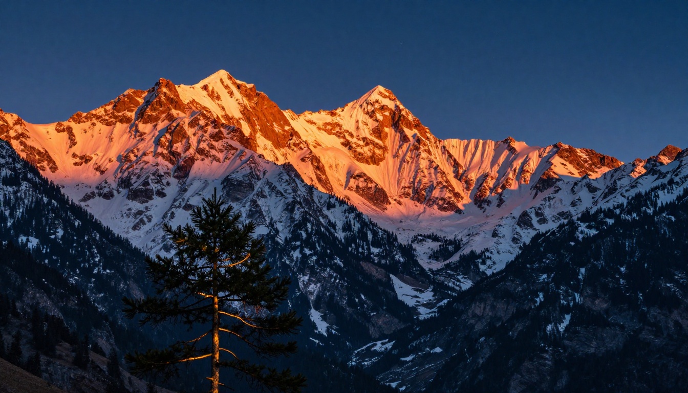 Alpine mountain landscape at golden hour with rose-gold alpenglow on snow-capped peaks Alpine mountain landscape at golden hour with rose-gold alpenglow on snow-capped peaks