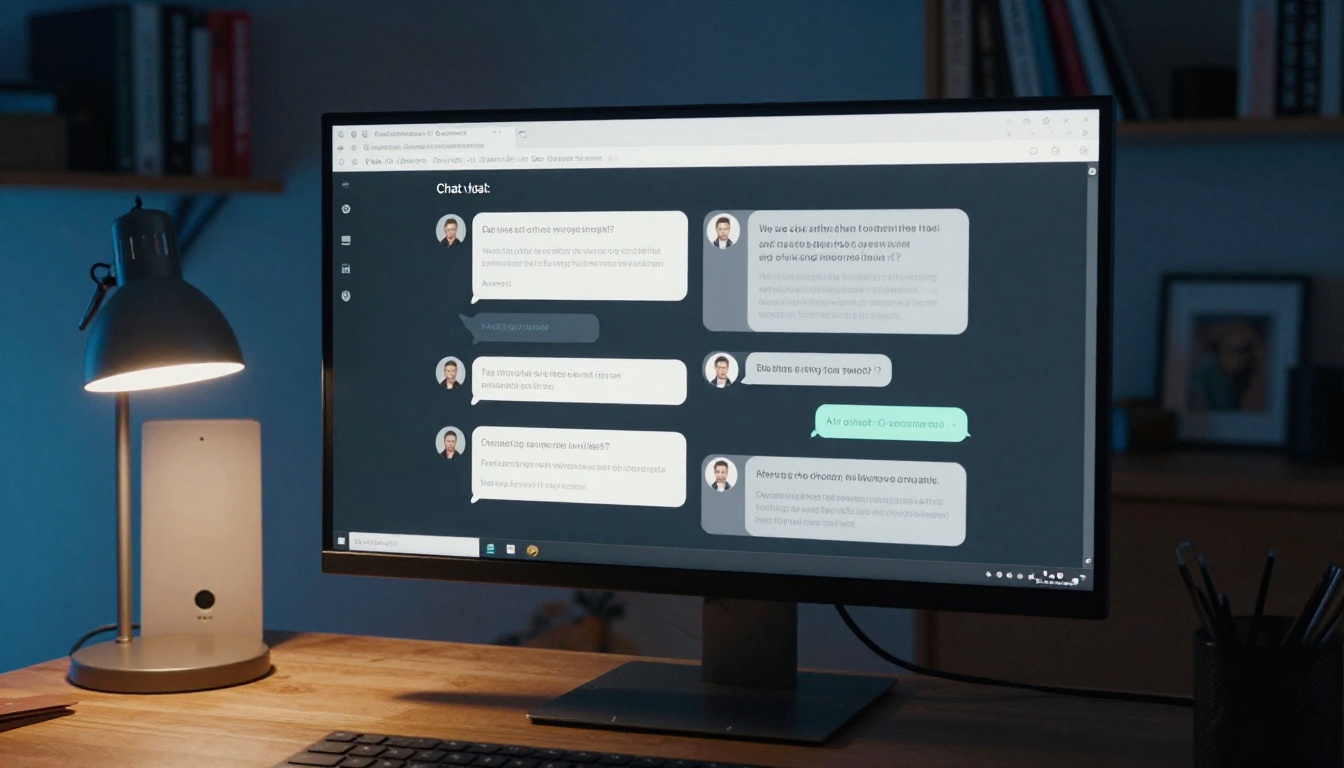 Chatbot conversation UI displayed on large desktop monitor