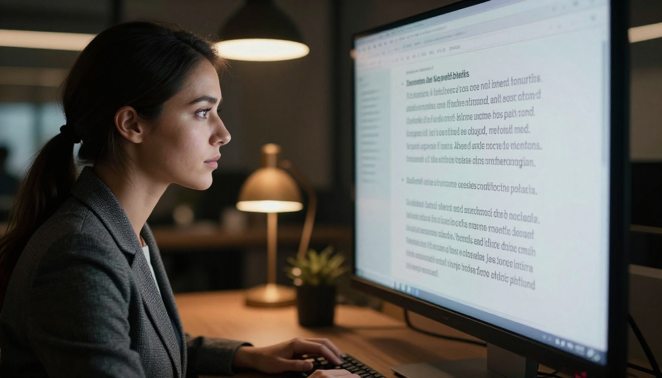 Professional woman reading AI model output on curved monitor in dim office with dramatic lamp lighting Professional woman reading AI model output on curved monitor in dim office with dramatic lamp lighting