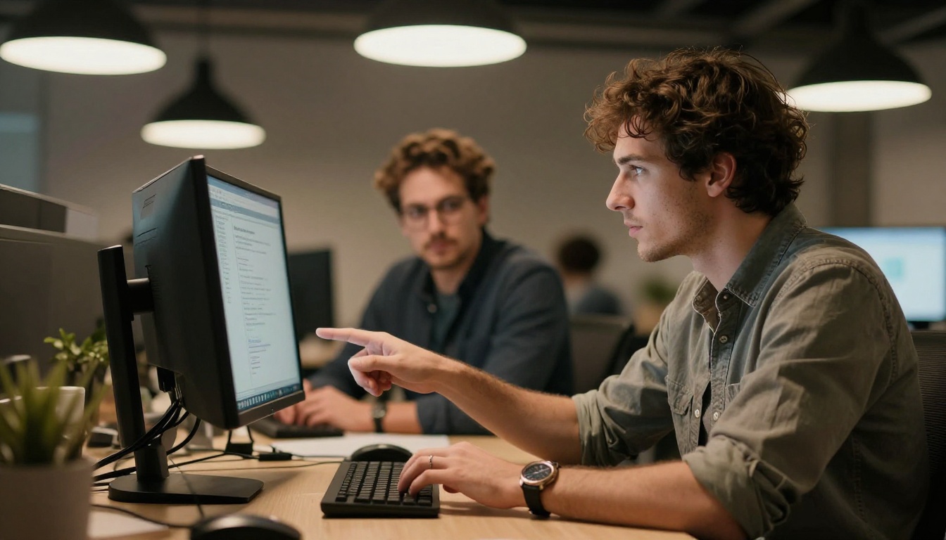 Two developers collaborating at a shared desk in a modern open office Two developers collaborating at a shared desk in a modern open office
