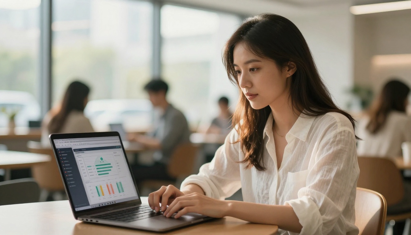 Young professional woman in bright co-working space with laptop showing AI performance benchmark graphs Young professional woman in bright co-working space with laptop showing AI performance benchmark graphs