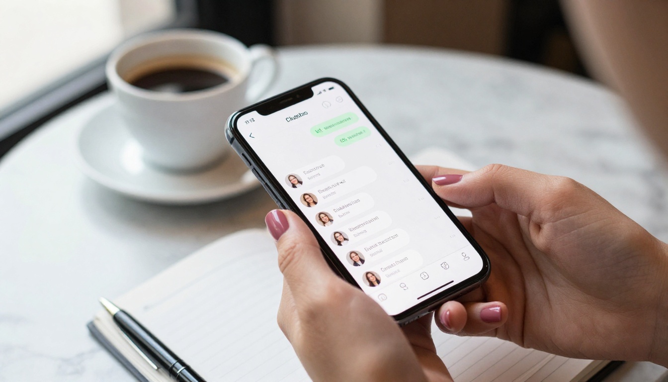 Young woman using chatbot app on smartphone at cafe table