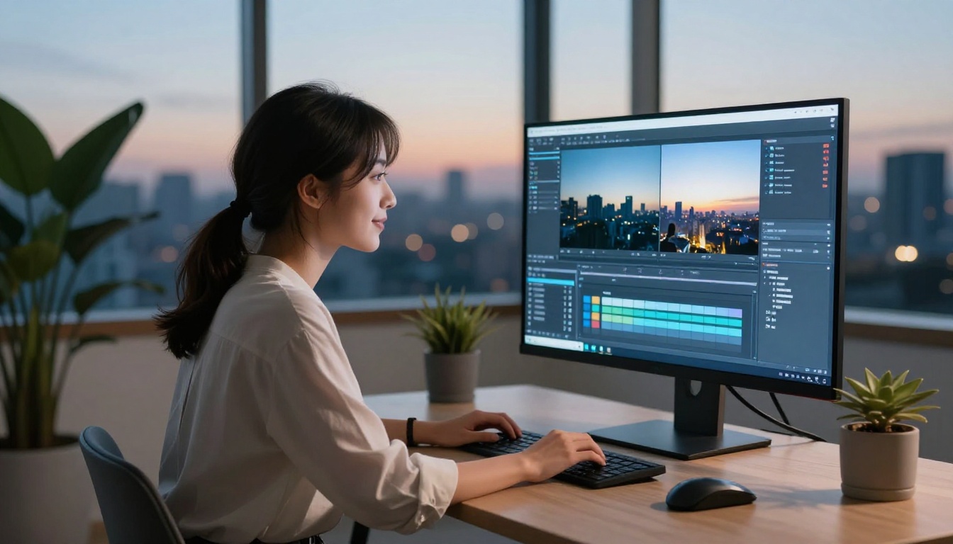 Content creator at desk reviewing AI video day-to-night conversion on large monitor Content creator at desk reviewing AI video day-to-night conversion on large monitor