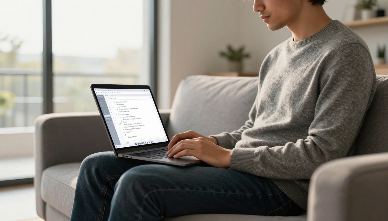 Developer sitting cross-legged on couch with laptop showing LLM config JSON