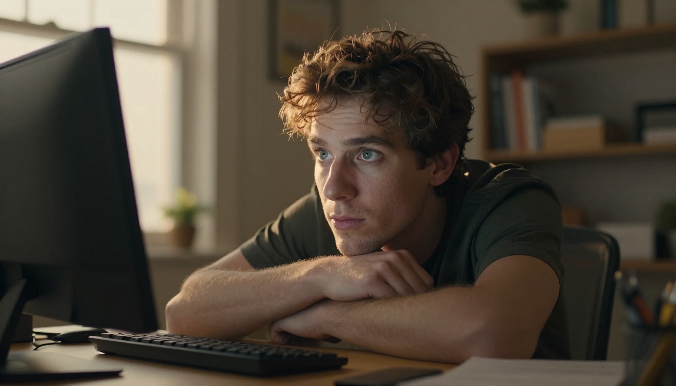 Developer with chin resting on hands, focused gaze toward monitor in warm golden-hour light Developer with chin resting on hands, focused gaze toward monitor in warm golden-hour light