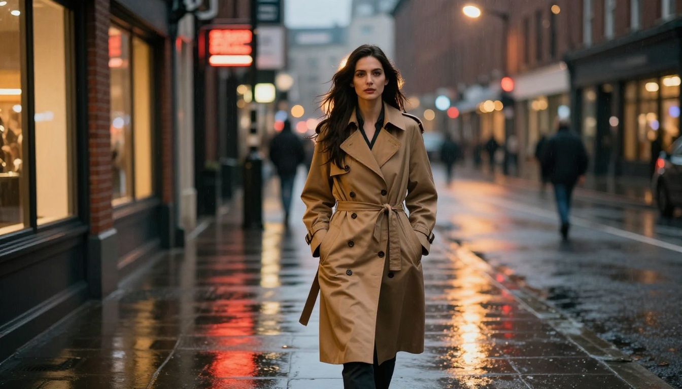 Elegant woman walking through rain-slicked night city street lit by warm street lamp overhead Elegant woman walking through rain-slicked night city street lit by warm street lamp overhead