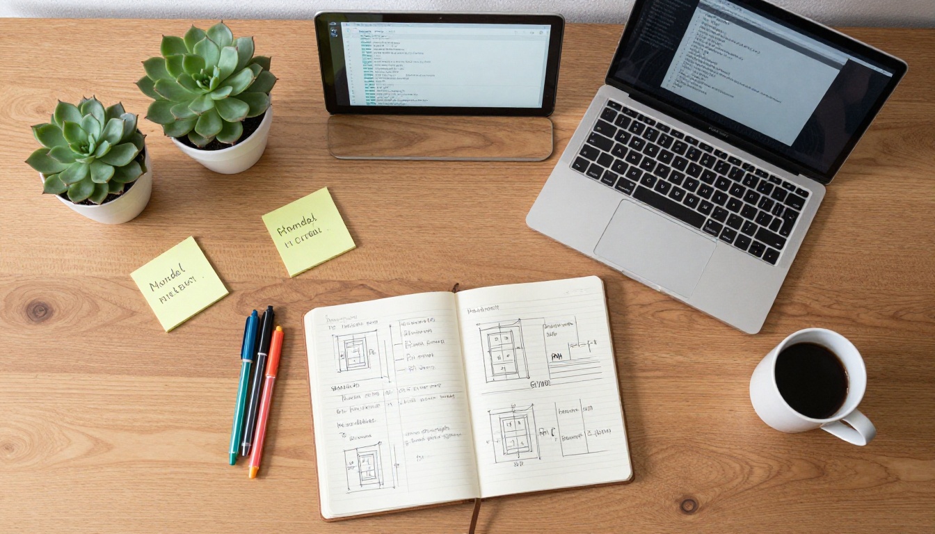 Aerial flat-lay of developer workspace with MacBook, notebook, and coffee