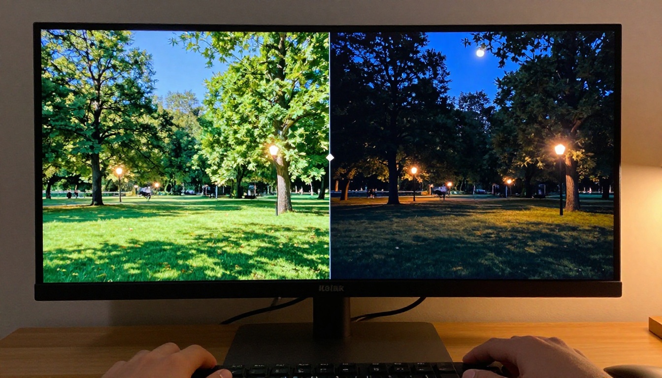 Split-screen monitor showing bright sunny park footage beside its AI-converted nighttime version Split-screen monitor showing bright sunny park footage beside its AI-converted nighttime version