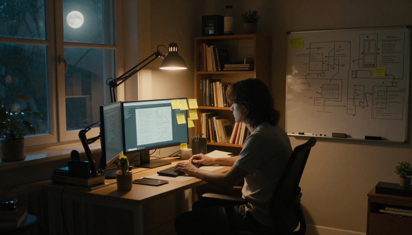 Wide night shot of a home office with a single desk lamp and a developer's silhouette Wide night shot of a home office with a single desk lamp and a developer's silhouette