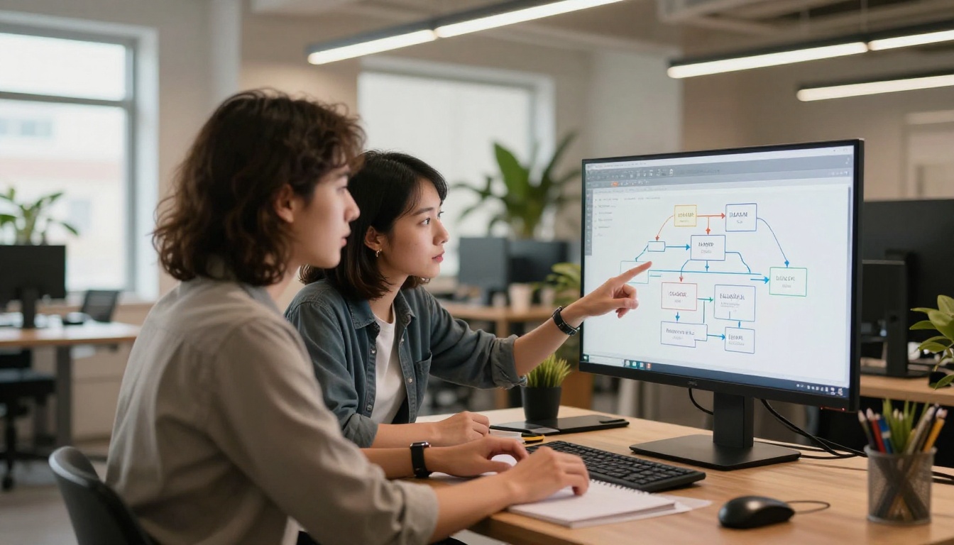 Two developers collaborating on LLM chatbot architecture at standing desk