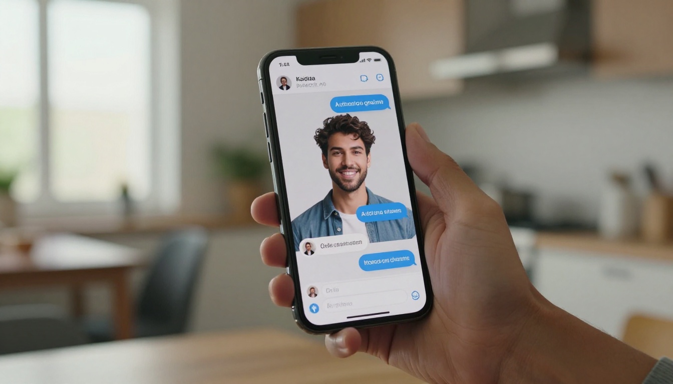Developer holding a smartphone with an AI assistant app in a bright morning kitchen Developer holding a smartphone with an AI assistant app in a bright morning kitchen