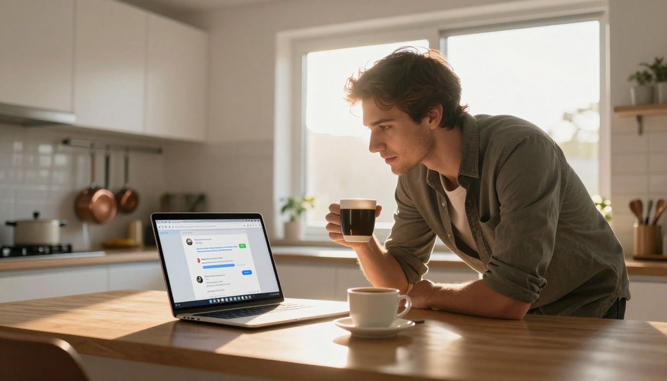 Developer testing chatbot in browser on laptop at sunlit kitchen island