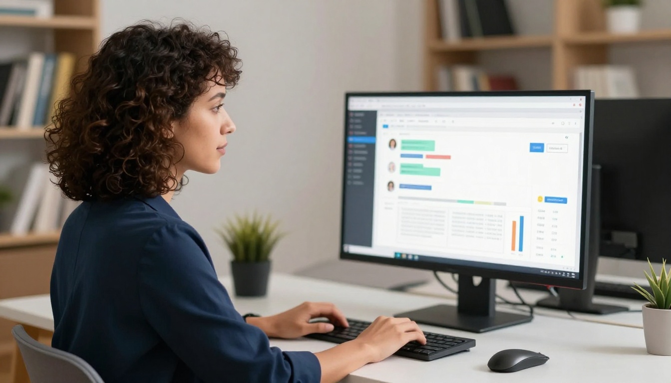 Woman developer reviewing chatbot analytics dashboard on monitor