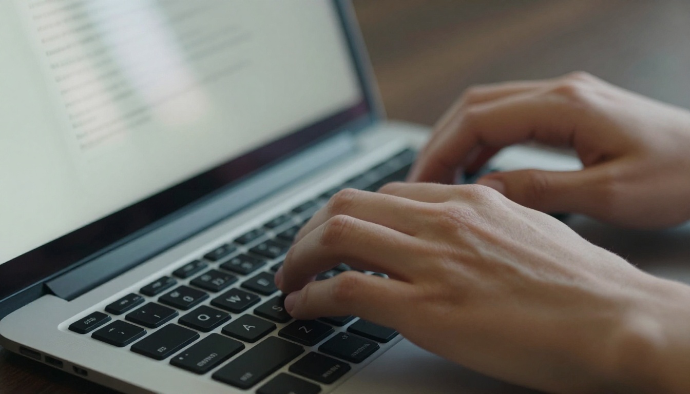 Close-up of two hands typing rapidly on a backlit laptop keyboard, fingers mid-keystroke, natural daylight from left