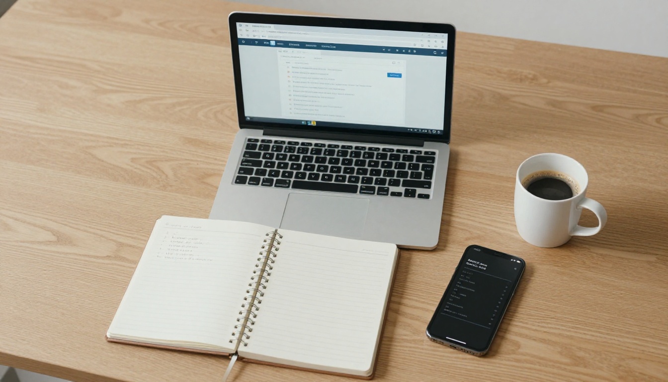 Aerial flat-lay of a minimalist workspace with open laptop, notebook planner, coffee mug and smartphone on oak desk