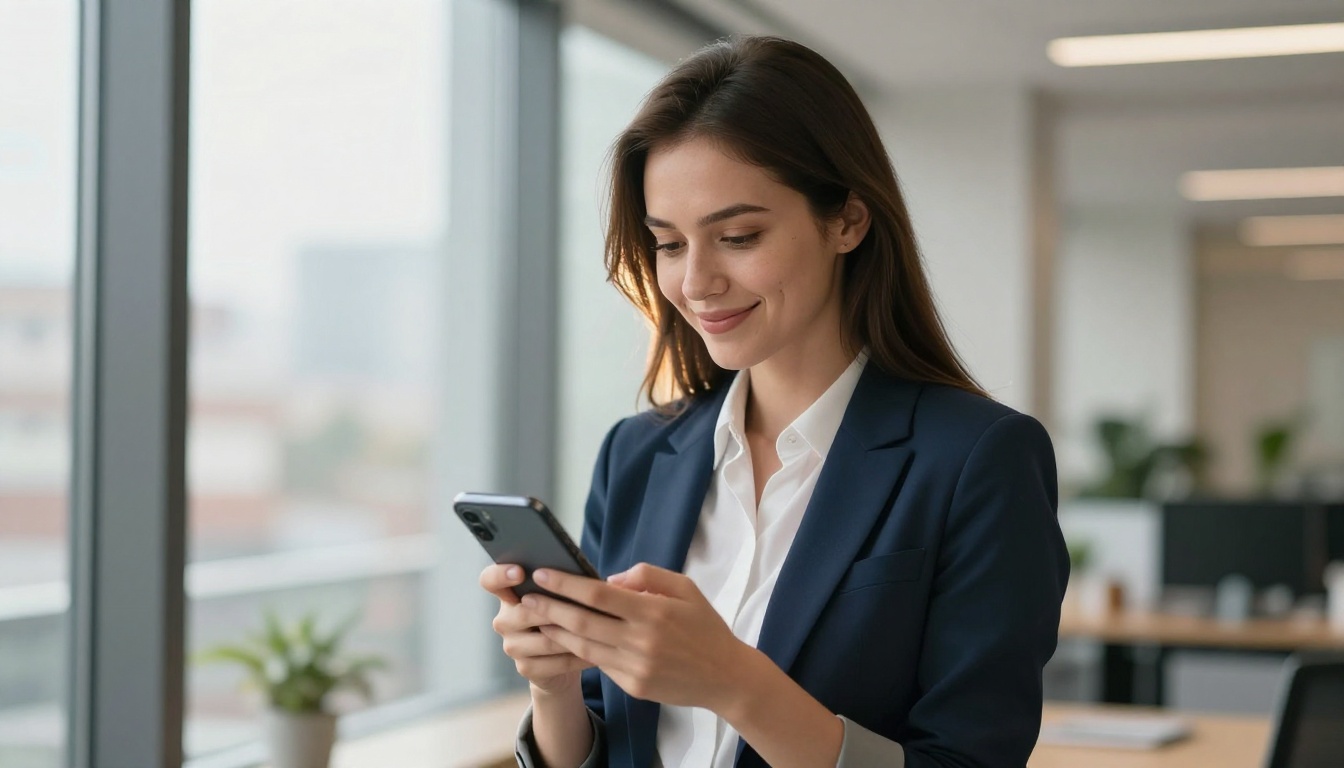 Young professional woman smiling warmly while reading her smartphone near a bright window in a modern open-plan office