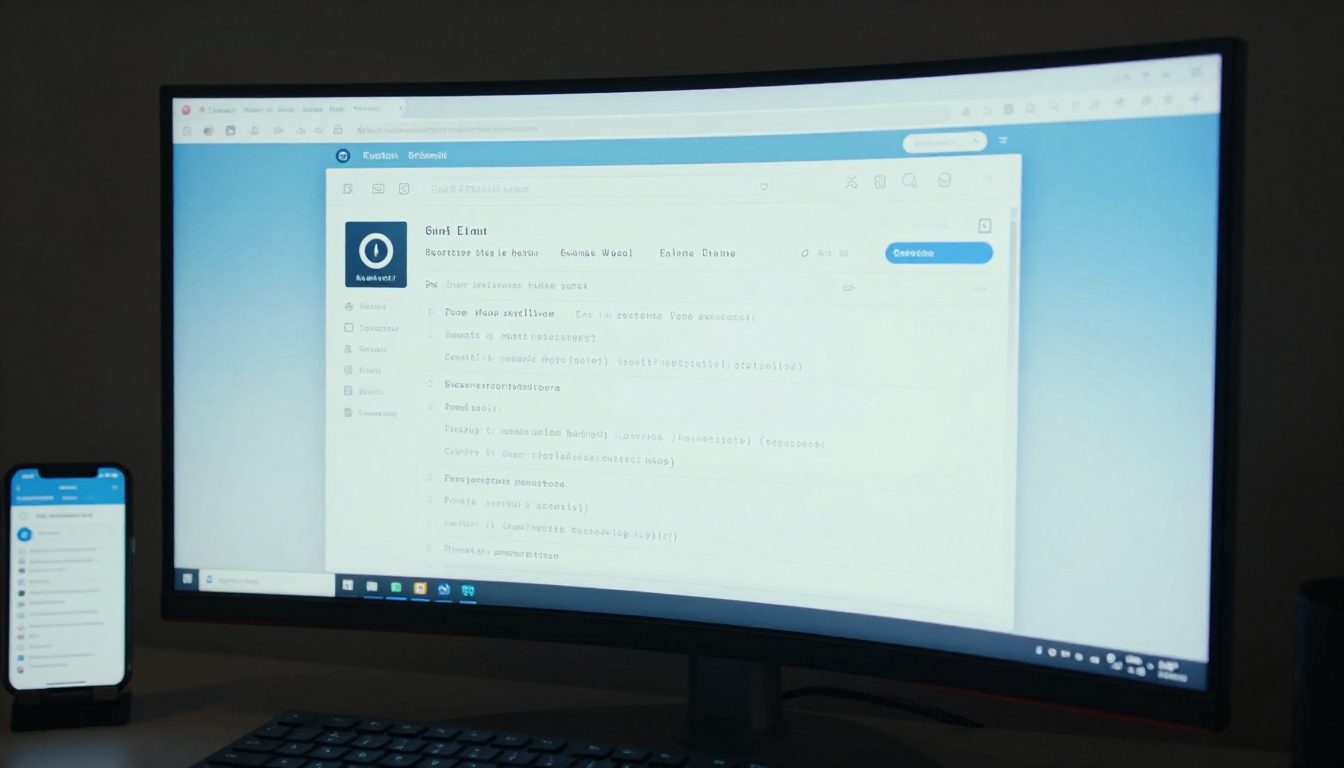 Close-up of ultrawide curved monitor showing email inbox with AI assistant sidebar panel, dark professional office environment