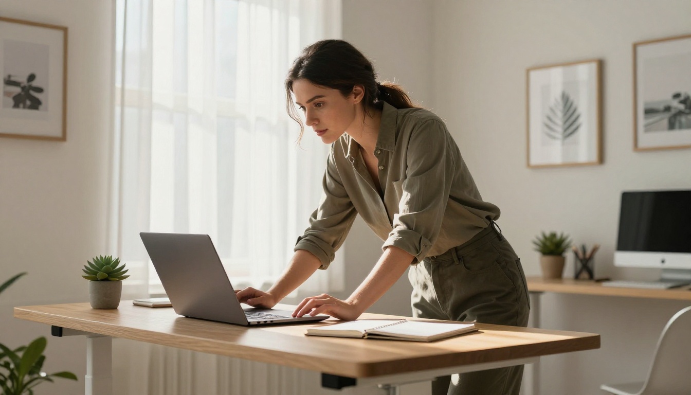 Woman working at a standing desk in a bright modern home office, leaning toward her laptop, afternoon sunlight through sheer curtains