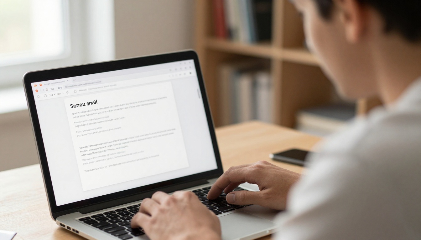 Over-the-shoulder view of a professional man composing an email on a laptop, face in profile with concentrated expression, natural light from left window