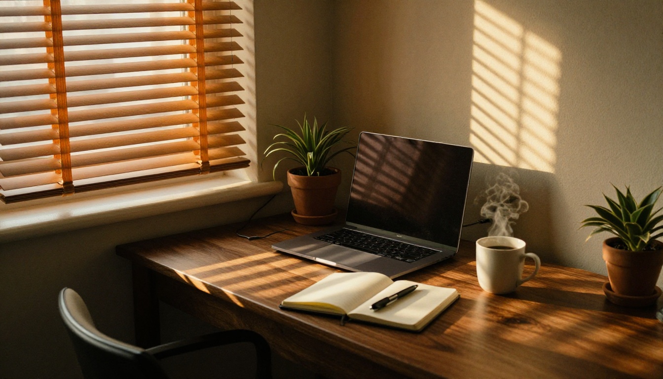 Cozy home office with open laptop and steaming coffee mug, golden morning light filtering through wooden venetian blinds