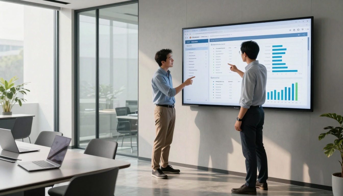 Two professionals in a modern glass meeting room reviewing email productivity analytics on a large wall-mounted screen