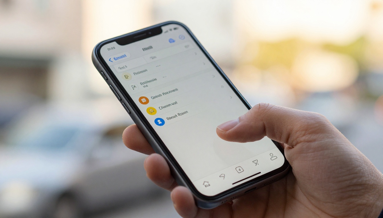 Close-up of a smartphone held in one hand showing email app with notification badges and quick reply interface, warm natural outdoor light bokeh background