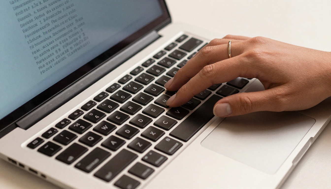Hands typing on a keyboard with multilingual text reflected on screen