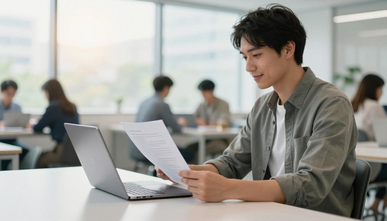 Man reading a translated document at a modern coworking space