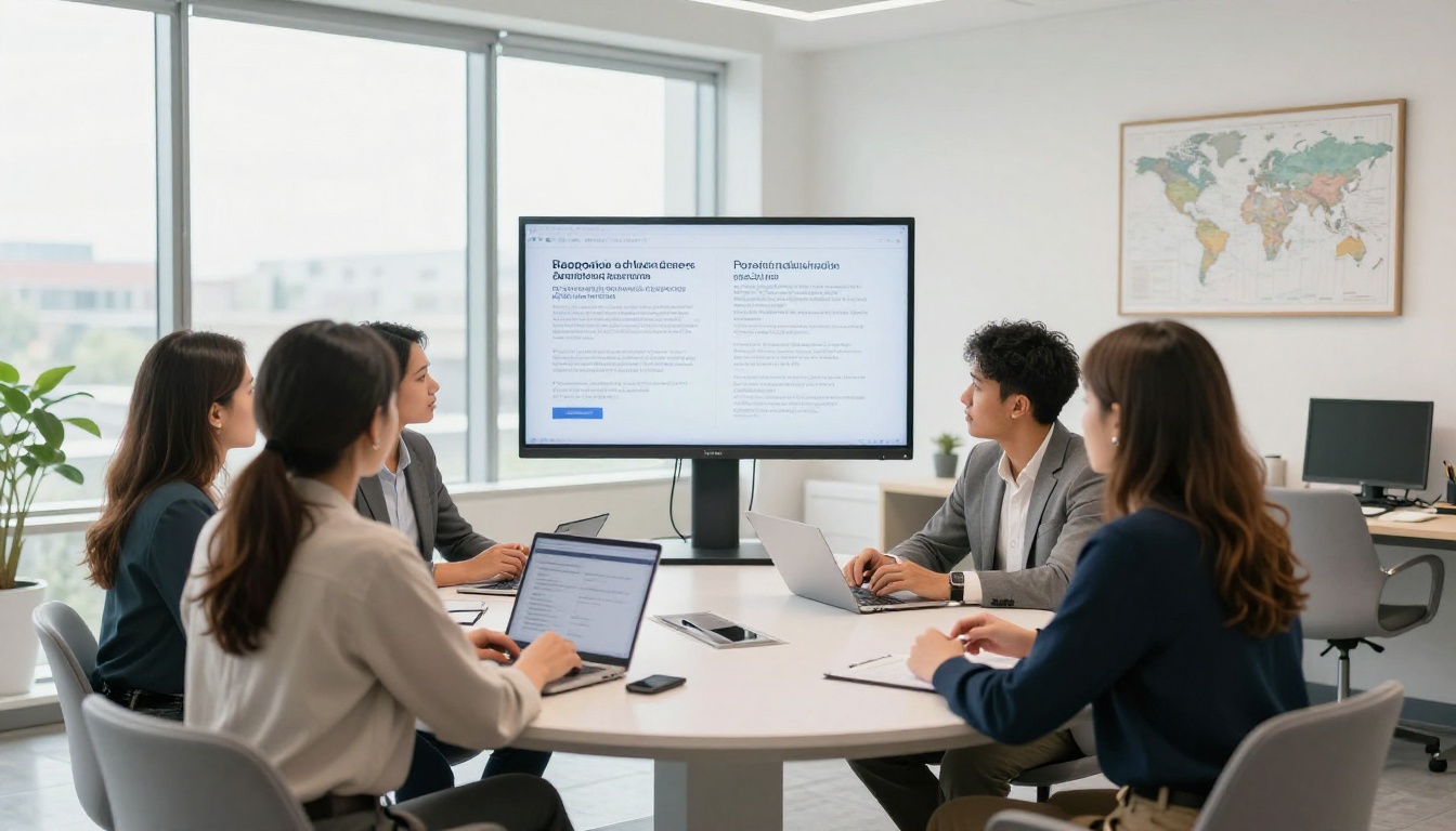 Diverse team of professionals reviewing multilingual content around a conference table