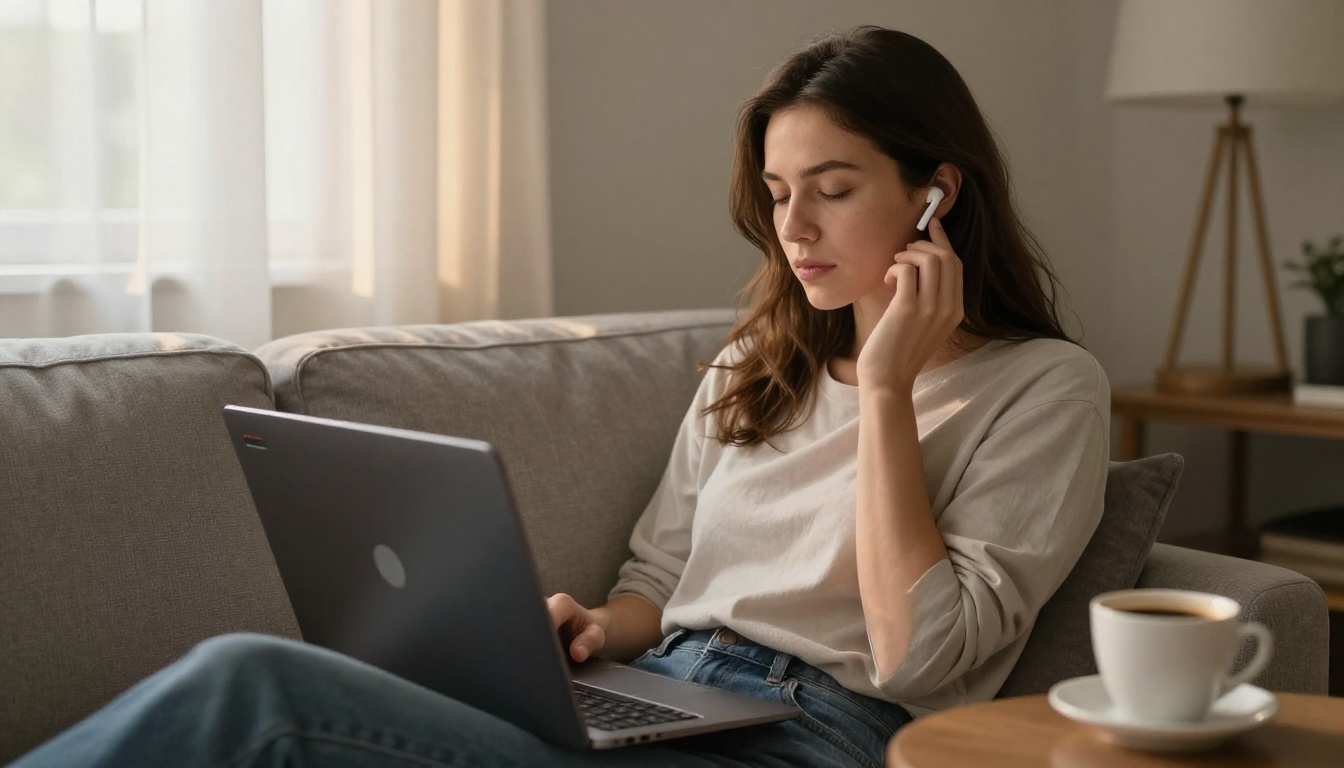 Woman with wireless earbuds listening to content on her laptop on a sofa
