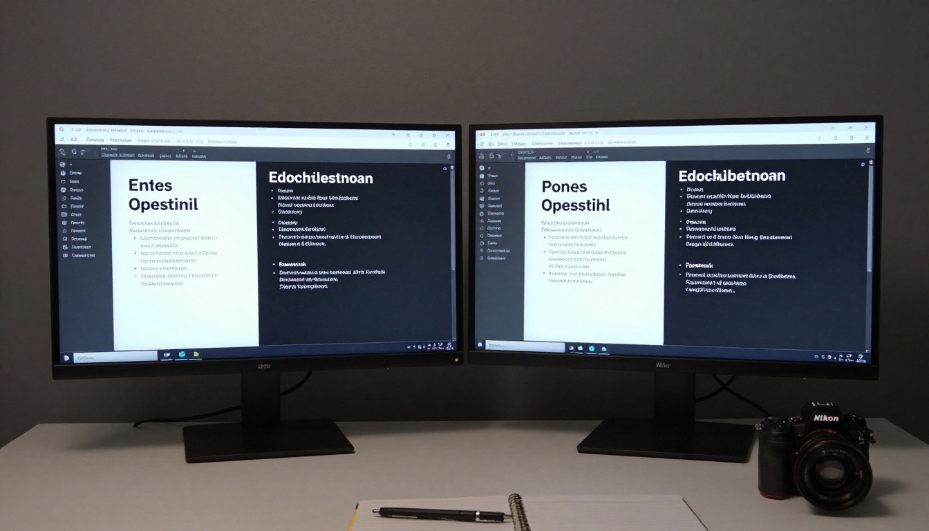 Dual monitor desk setup showing the same document in English and German side by side