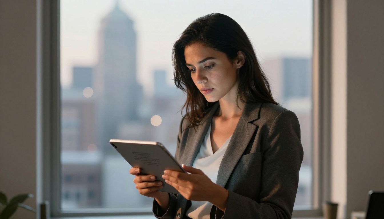 Woman holding tablet at window with city skyline in soft focus behind her