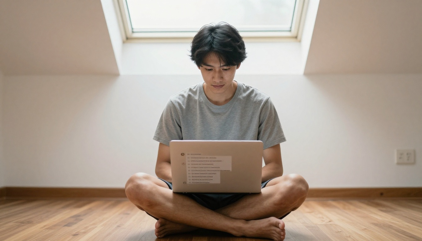 Young man sitting cross-legged on a wooden floor with laptop open showing AI chat with multilingual responses