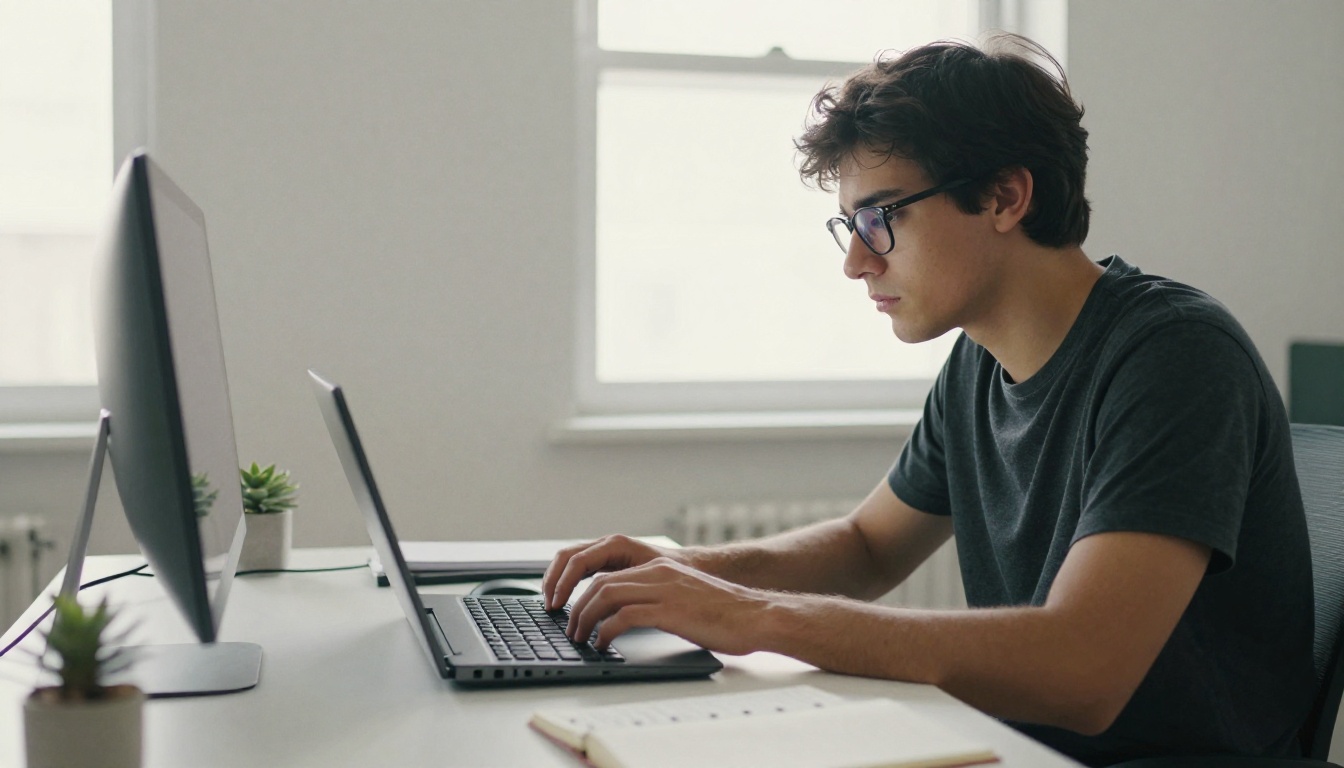 Focused man typing at a minimal desk with morning light
