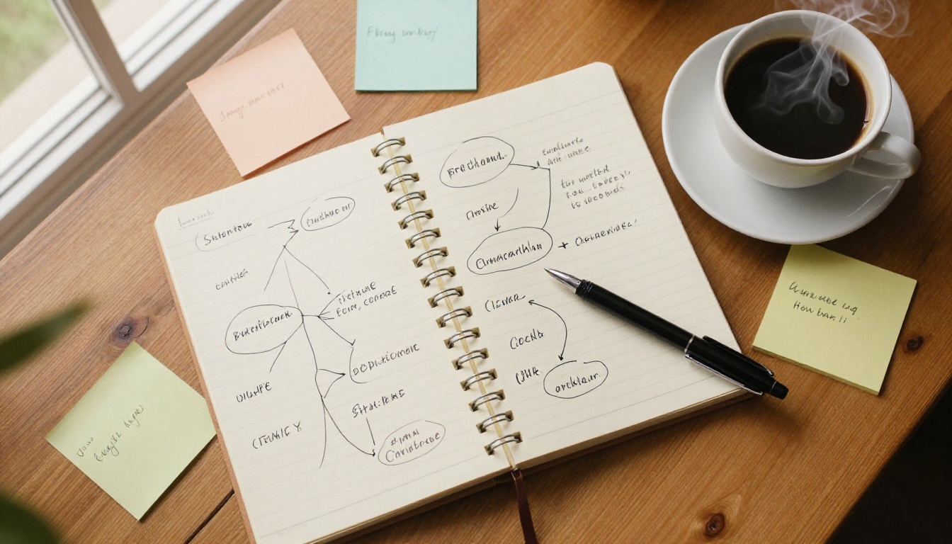 Mind map notebook with coffee and sticky notes on a warm wooden table Mind map notebook with coffee and sticky notes on a warm wooden table