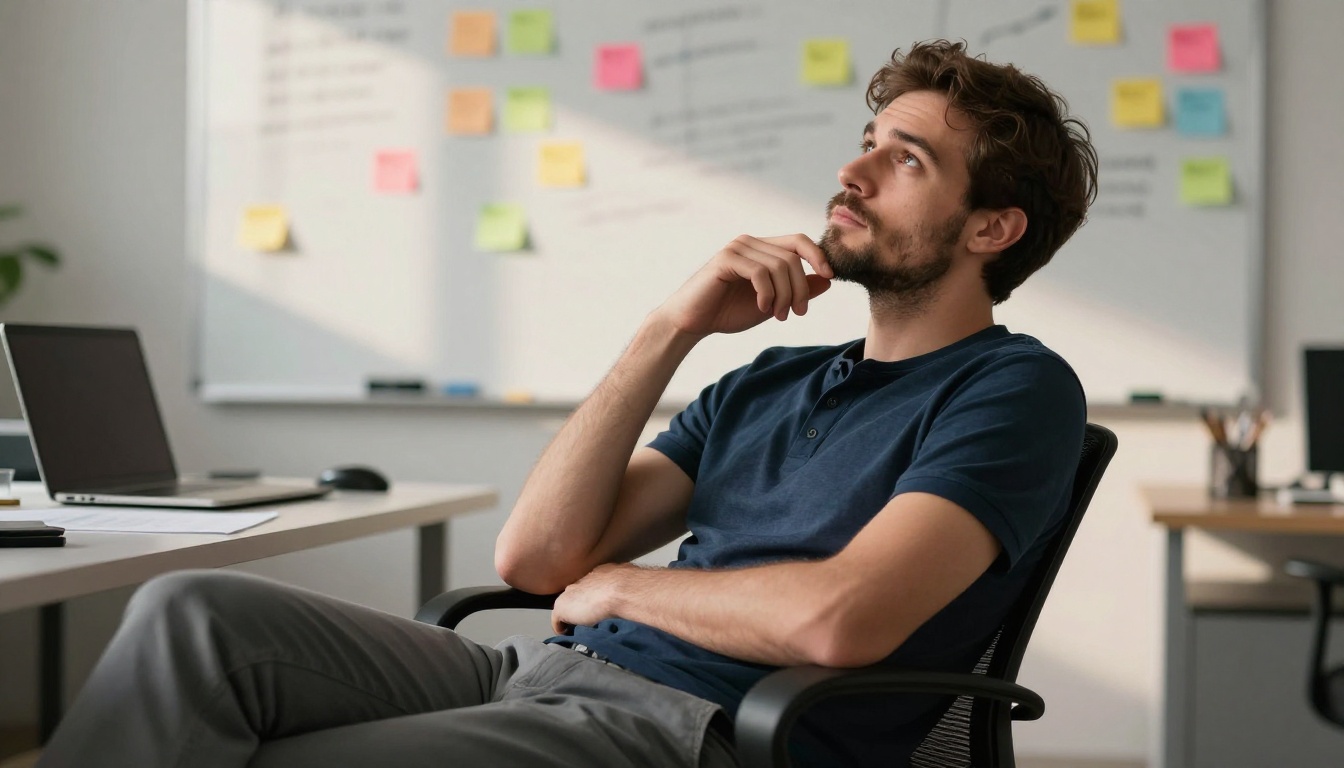 A bearded man thinking deeply in a modern office with sticky notes in the background A bearded man thinking deeply in a modern office with sticky notes in the background