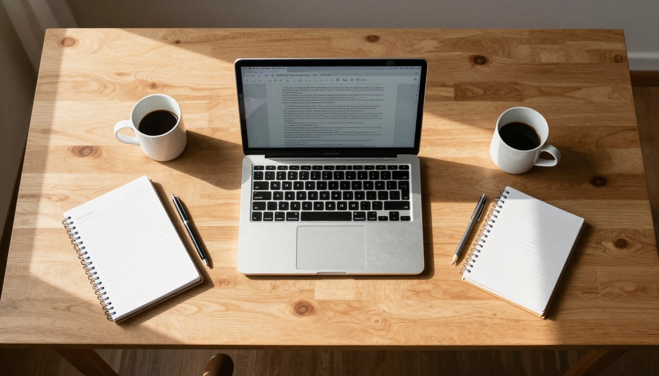 Aerial view of a desk with laptop, notebook, and coffee