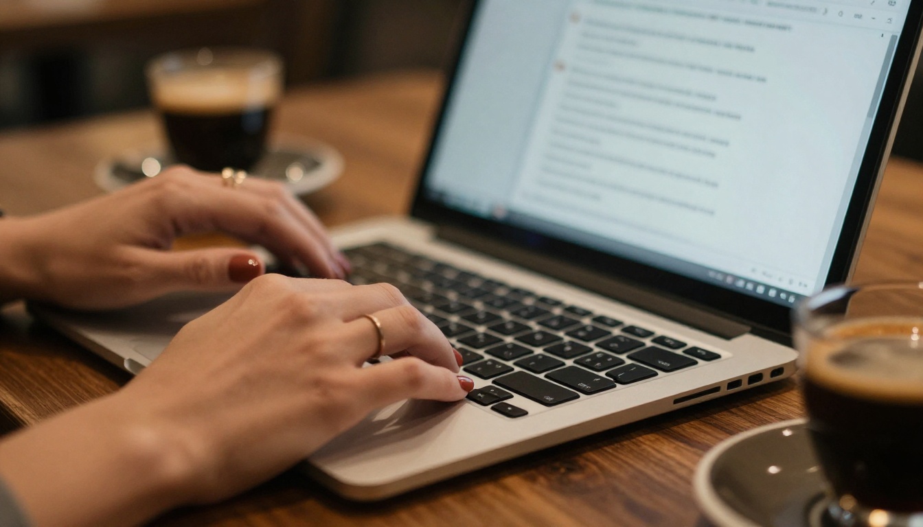 Close-up of woman's hands typing on a laptop in a coffee shop Close-up of woman's hands typing on a laptop in a coffee shop