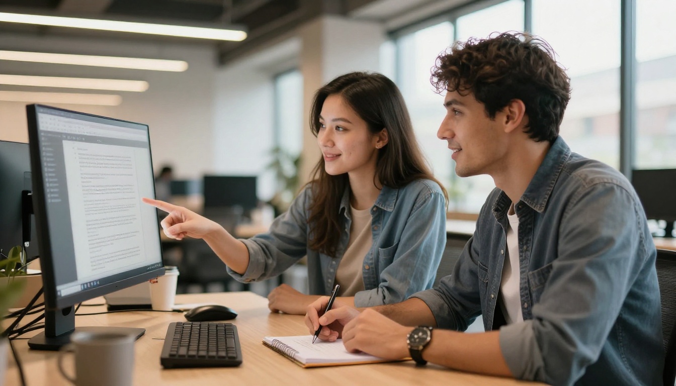 Two professionals collaborating at a standing desk with a large monitor Two professionals collaborating at a standing desk with a large monitor