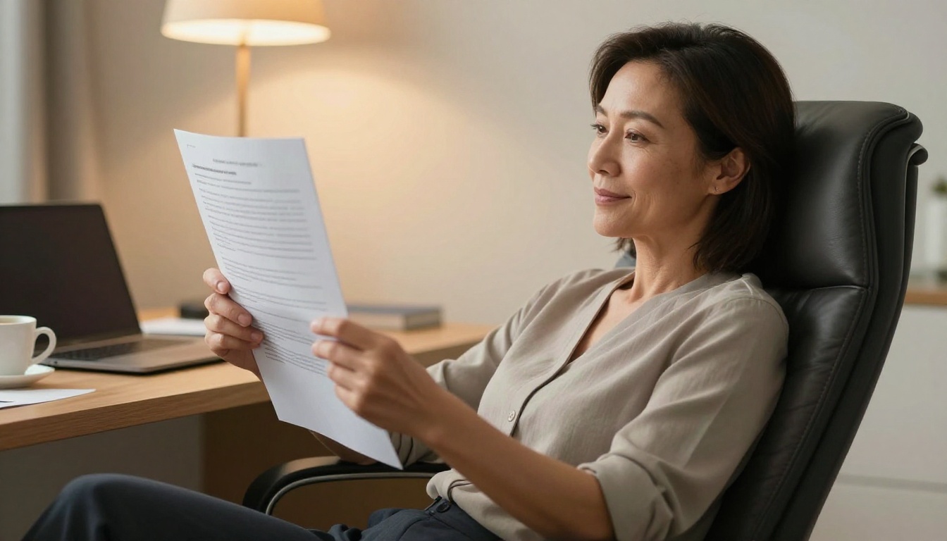 Woman reading a printed report in a leather office chair