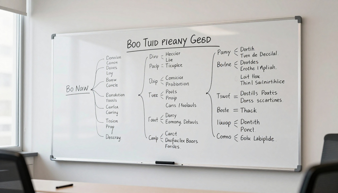 A large whiteboard covered in a brainstorm diagram with columns in a conference room A large whiteboard covered in a brainstorm diagram with columns in a conference room