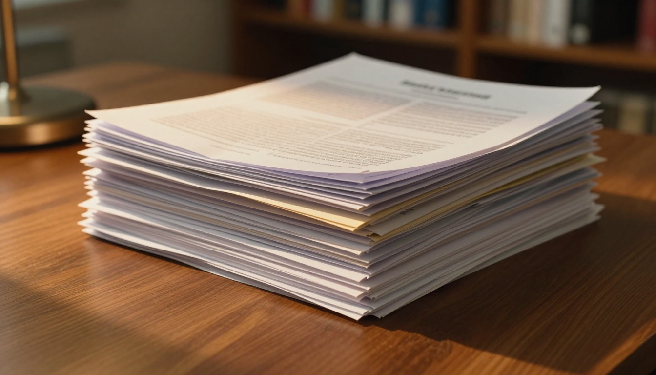 Stack of printed business reports on a walnut desk